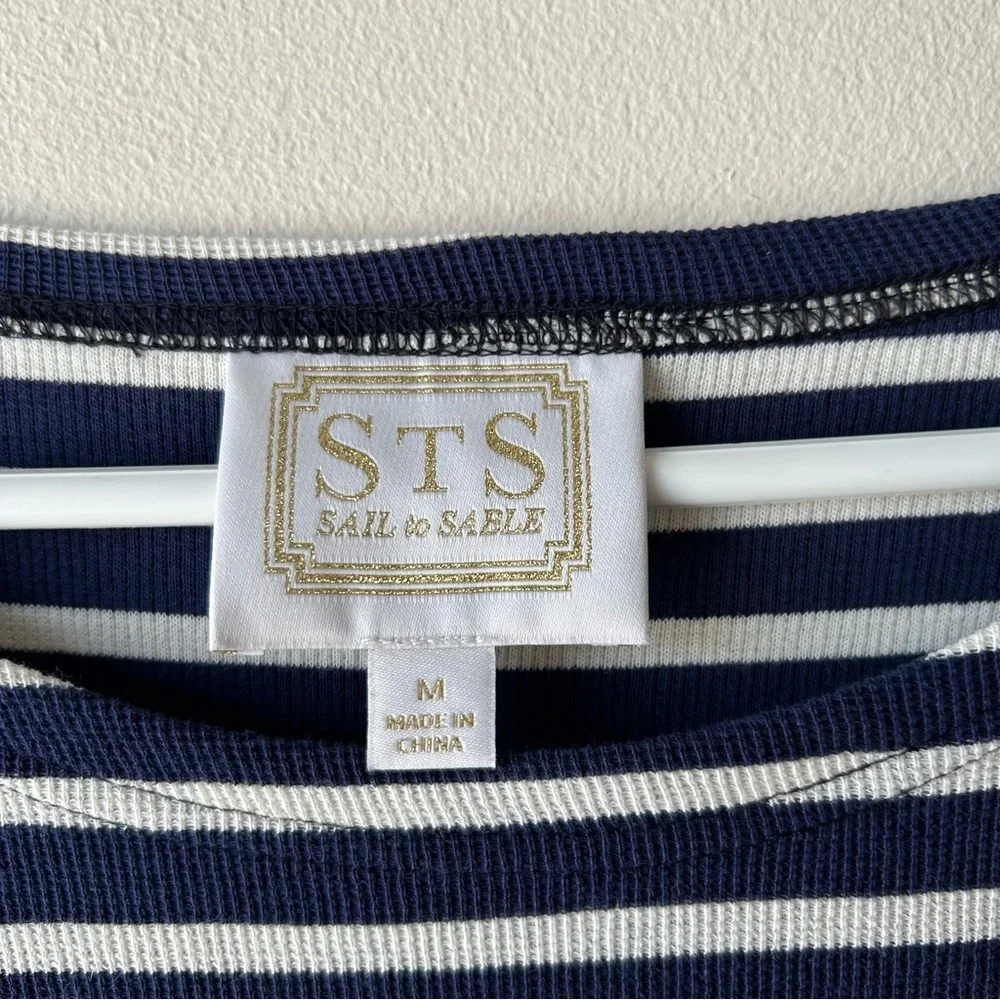 Sail to Sable 100% Cotton Stripe Long Sleeve Button Neck Dress Navy Ivory Gold M